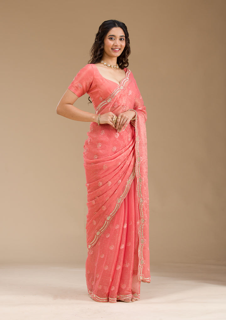 Peach Stonework Tissue Saree