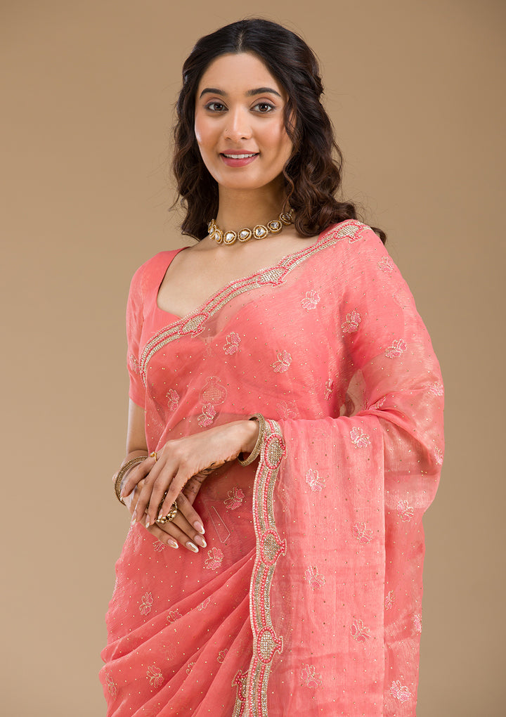 Peach Stonework Tissue Saree