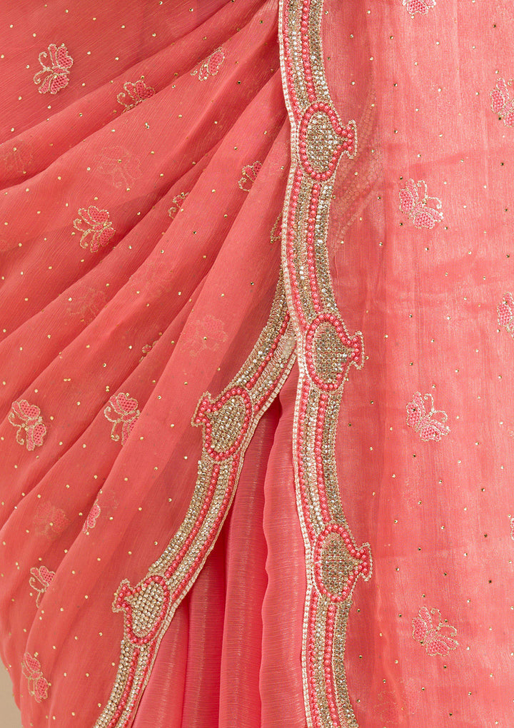 Peach Stonework Tissue Saree