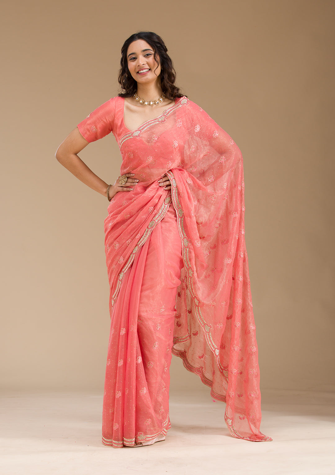 Peach Stonework Tissue Saree