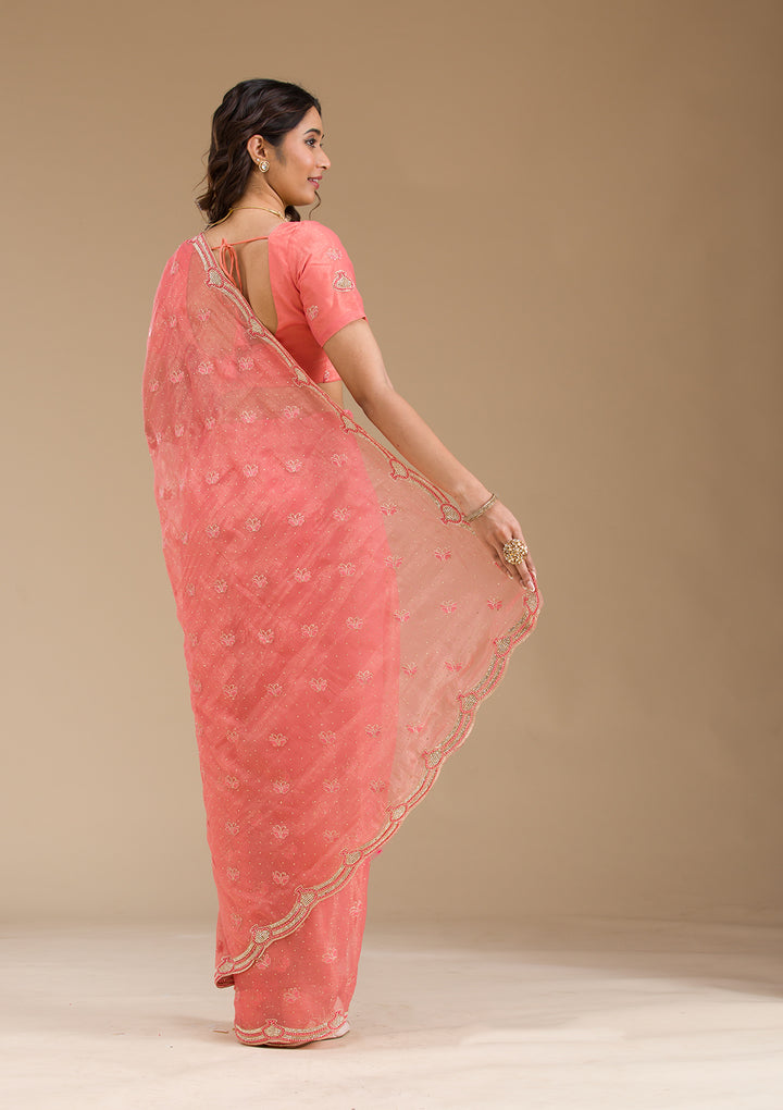 Peach Stonework Tissue Saree