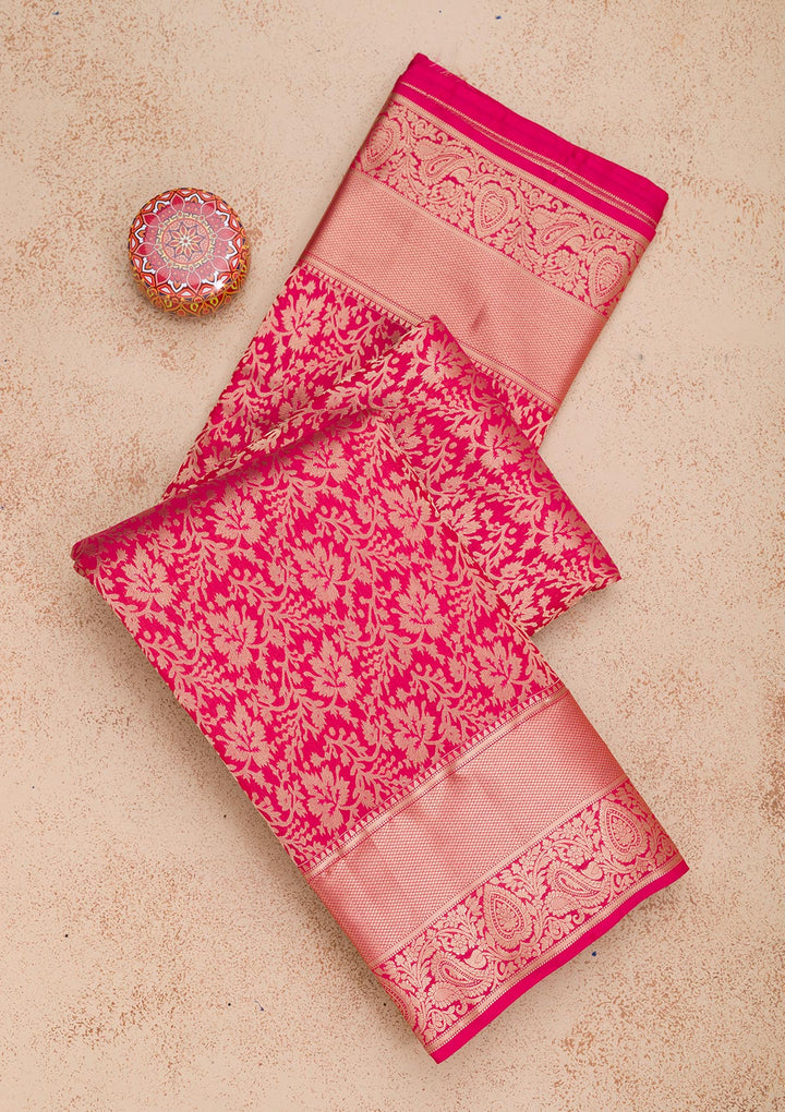 Rani Pink Silk Jaal Gold Zariwork Saree With Matching Blouse Piece
