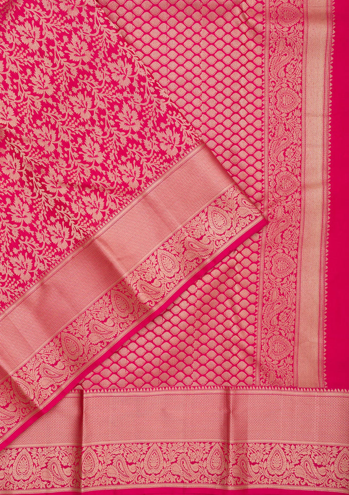 Rani Pink Silk Jaal Gold Zariwork Saree With Matching Blouse Piece