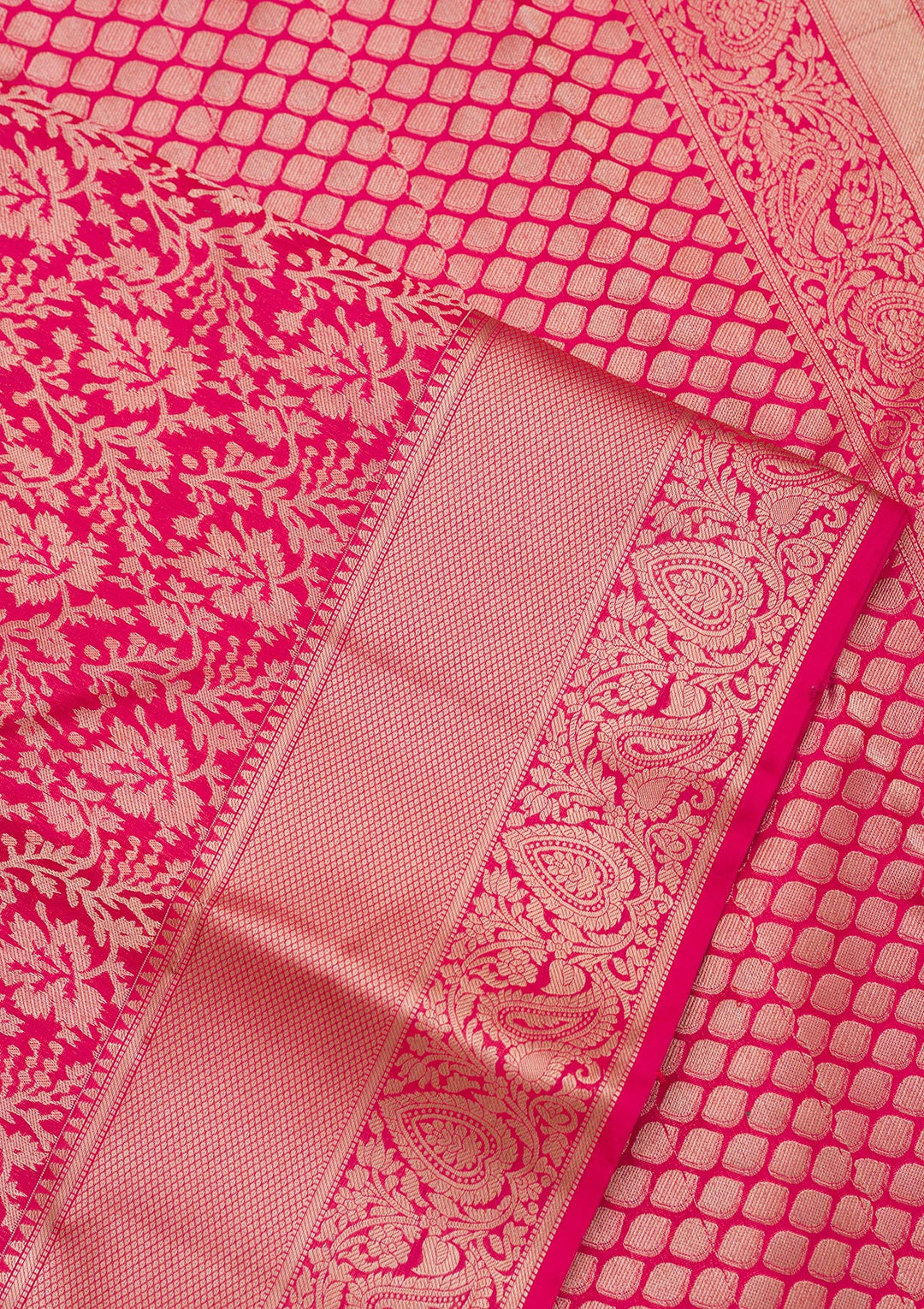 Rani Pink Silk Jaal Gold Zariwork Saree With Matching Blouse Piece