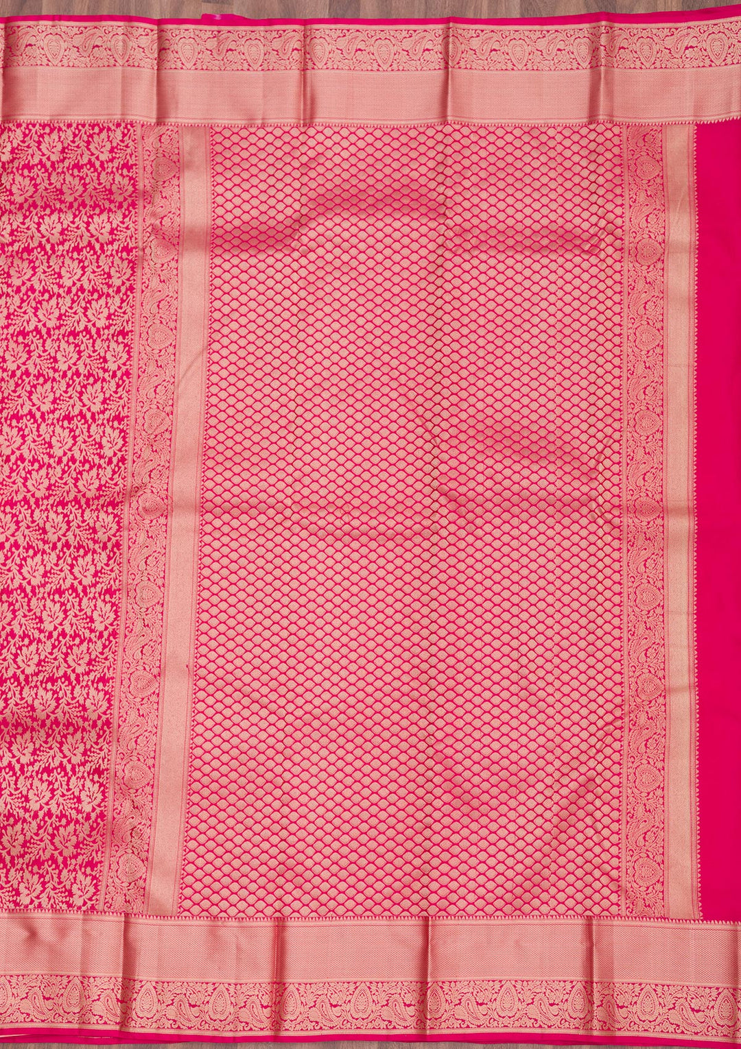 Rani Pink Silk Jaal Gold Zariwork Saree With Matching Blouse Piece