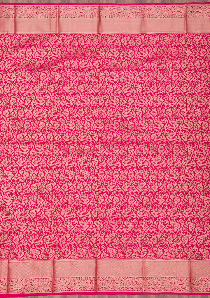 Rani Pink Silk Jaal Gold Zariwork Saree With Matching Blouse Piece