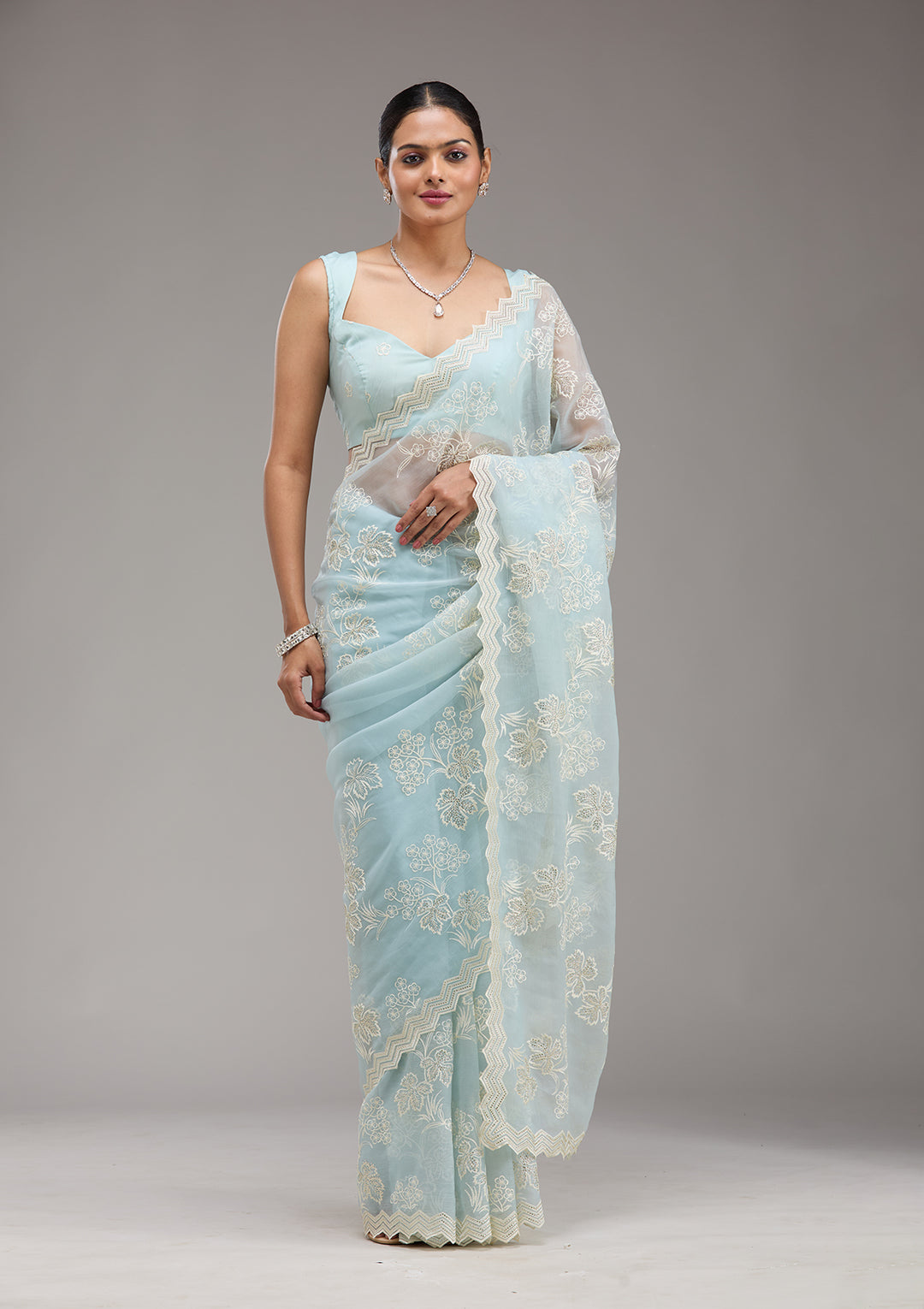 Sky Blue Threadwork Chiffon Saree
