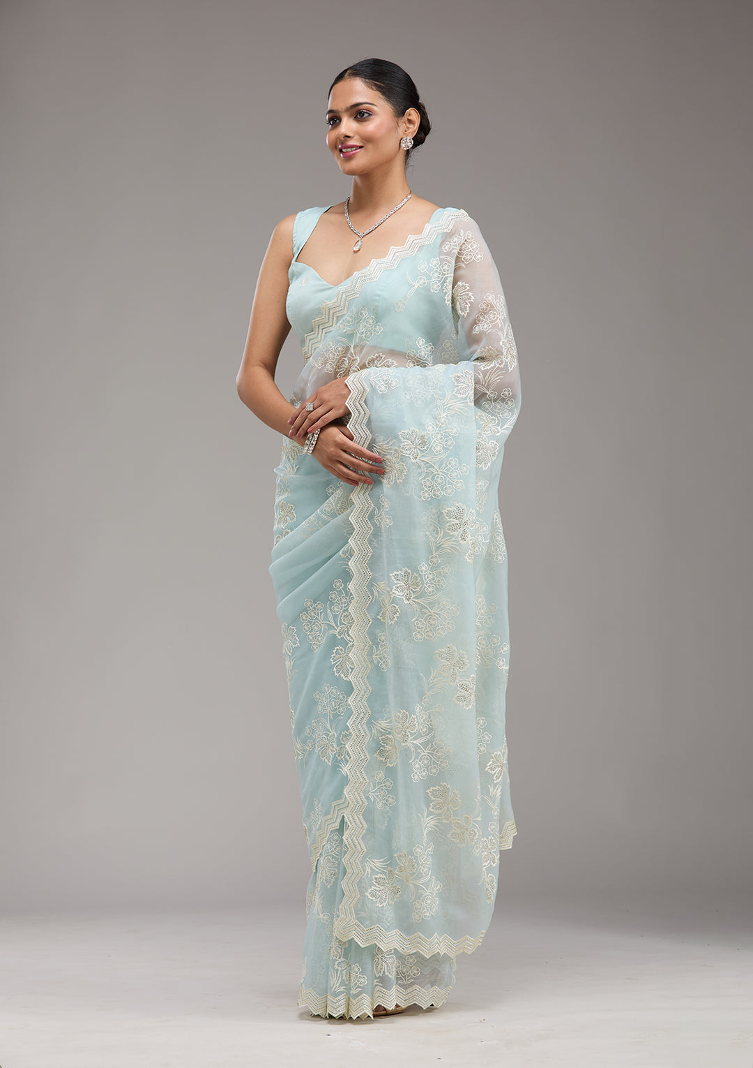 Sky Blue Threadwork Chiffon Saree