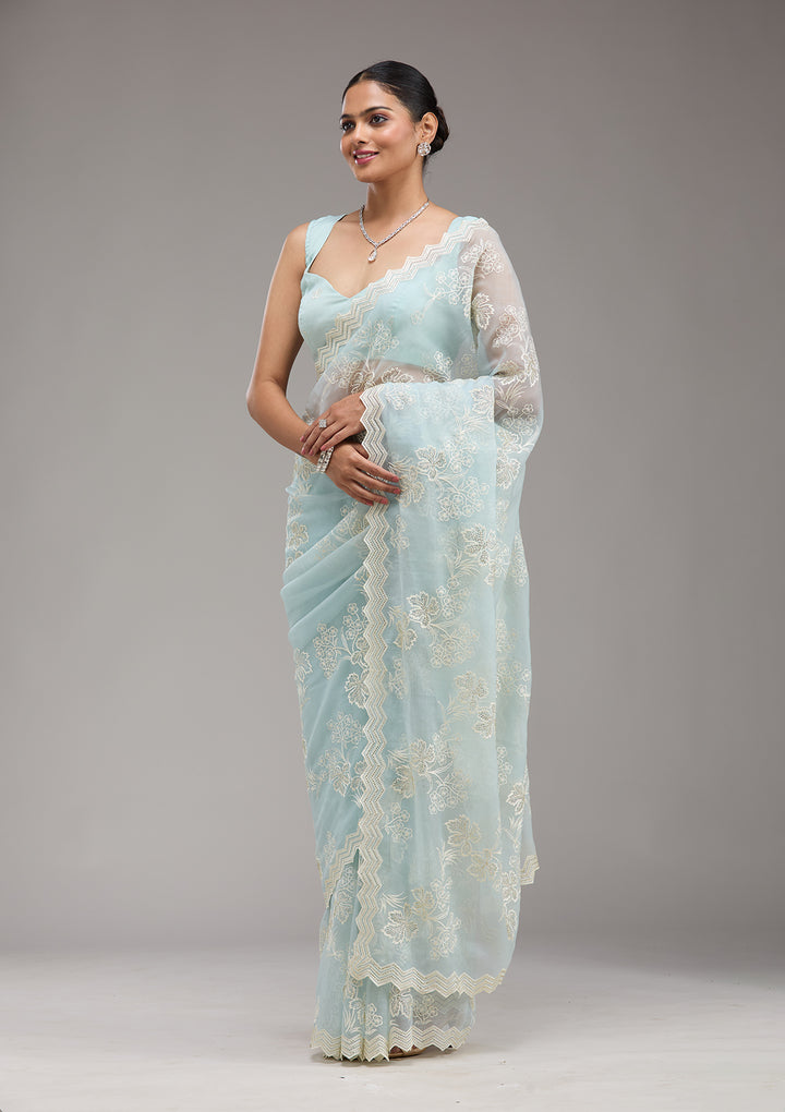 Sky Blue Threadwork Chiffon Saree