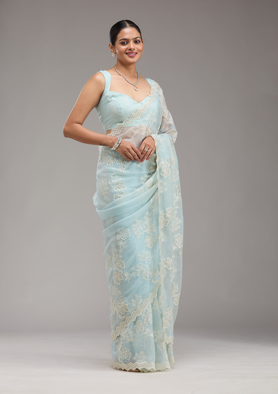 Sky Blue Threadwork Chiffon Saree