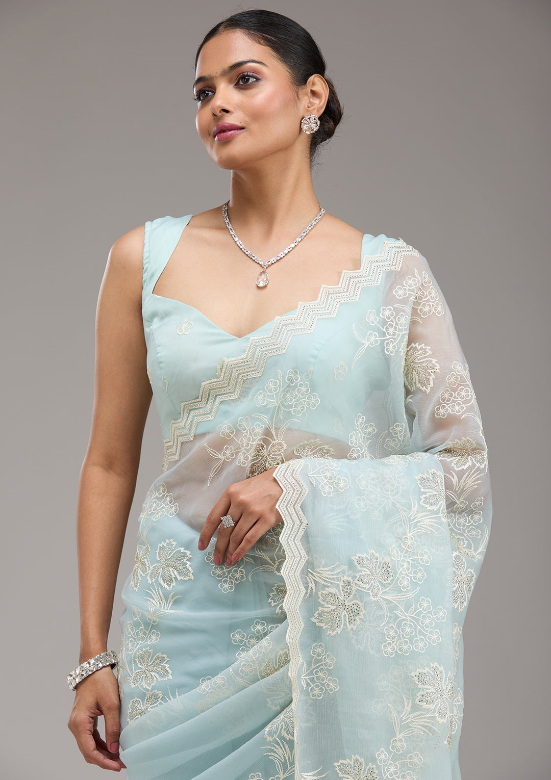 Sky Blue Threadwork Chiffon Saree