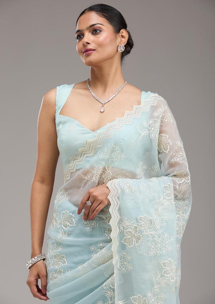 Sky Blue Threadwork Chiffon Saree