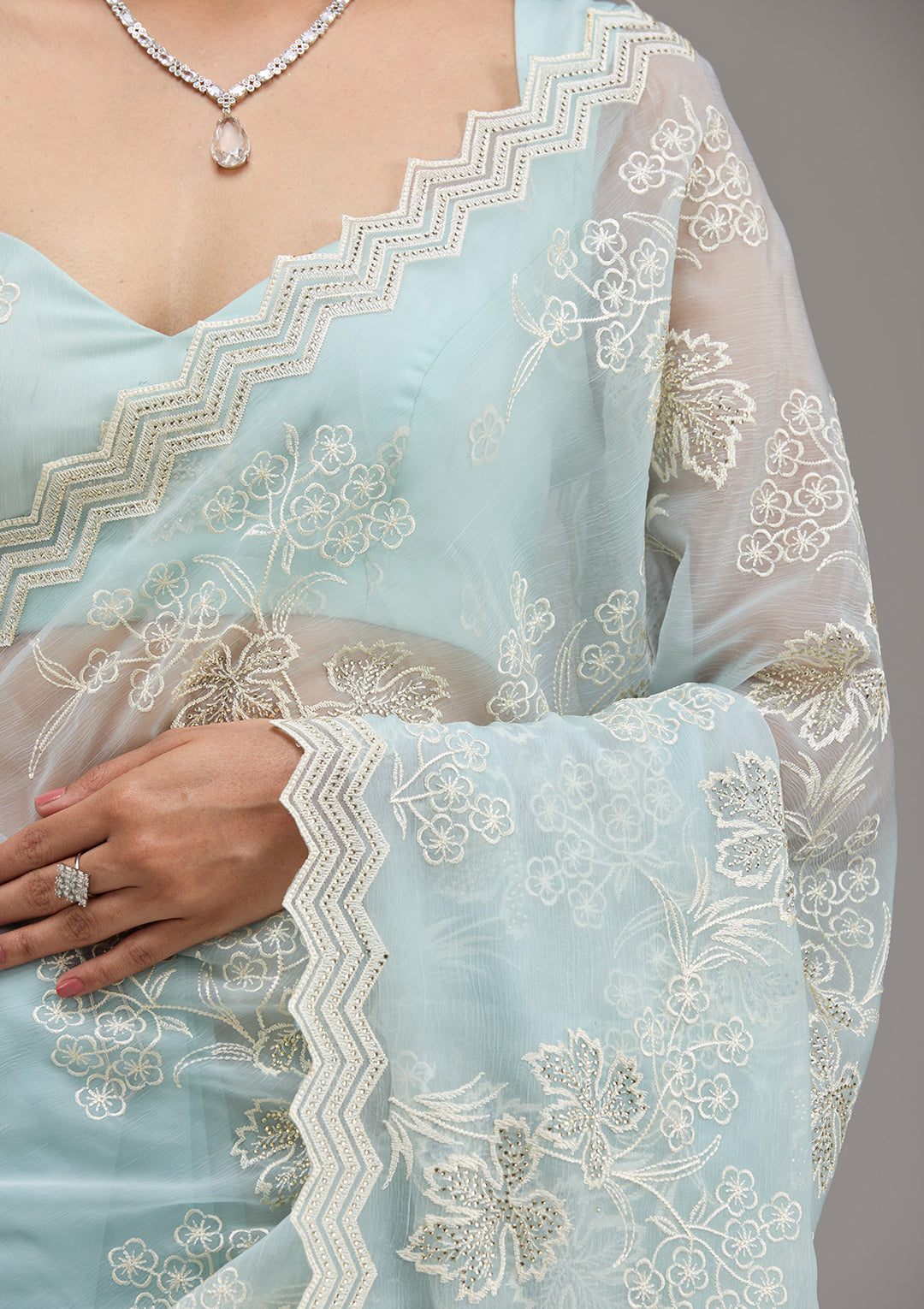 Sky Blue Threadwork Chiffon Saree