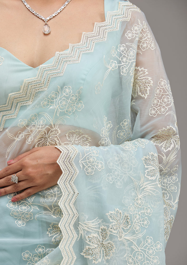 Sky Blue Threadwork Chiffon Saree