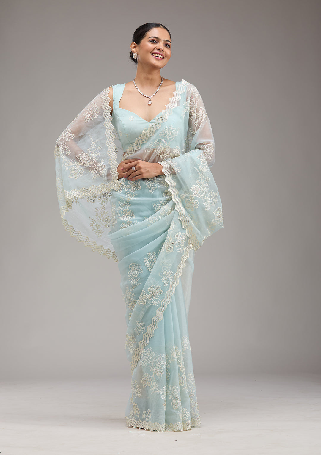 Sky Blue Threadwork Chiffon Saree