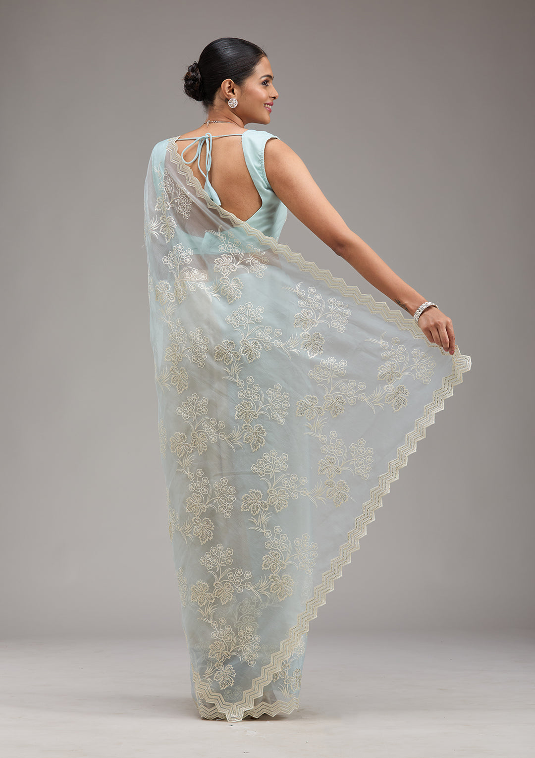 Sky Blue Threadwork Chiffon Saree