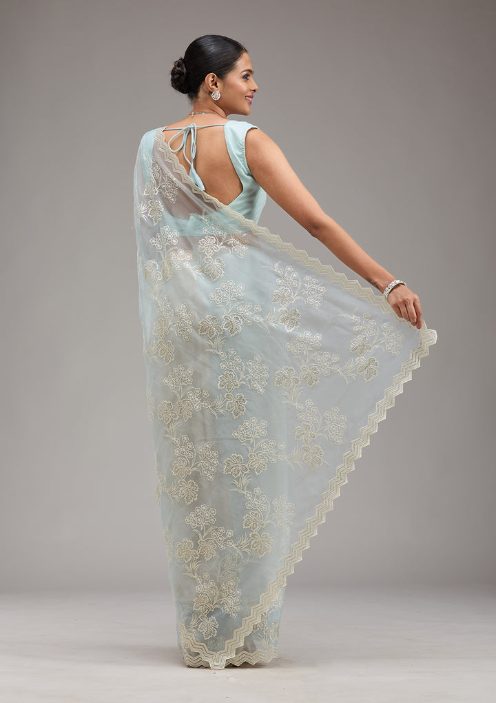 Sky Blue Threadwork Chiffon Saree