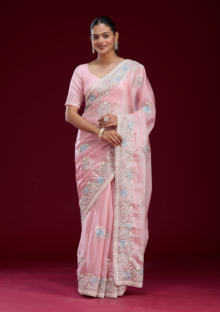 Baby Pink Organza Silver Zariwork Saree With Matching Blouse Piece
