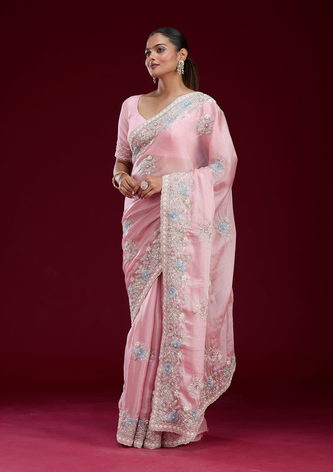 Baby Pink Organza Silver Zariwork Saree With Matching Blouse Piece