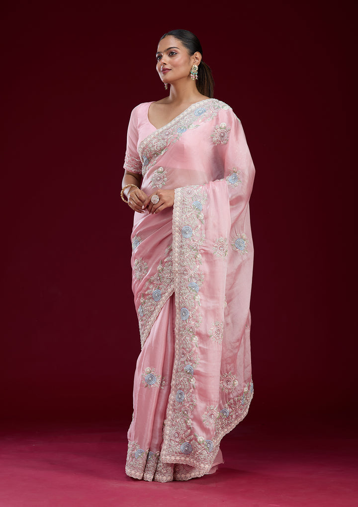 Baby Pink Organza Silver Zariwork Saree With Matching Blouse Piece
