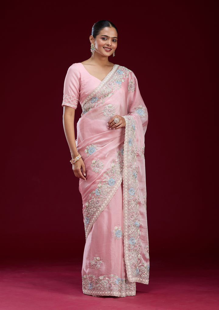 Baby Pink Organza Silver Zariwork Saree With Matching Blouse Piece