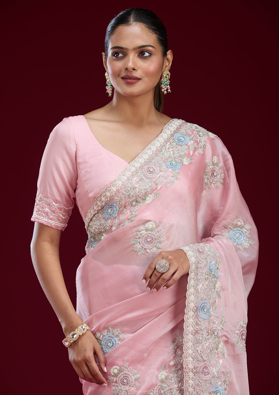 Baby Pink Organza Silver Zariwork Saree With Matching Blouse Piece