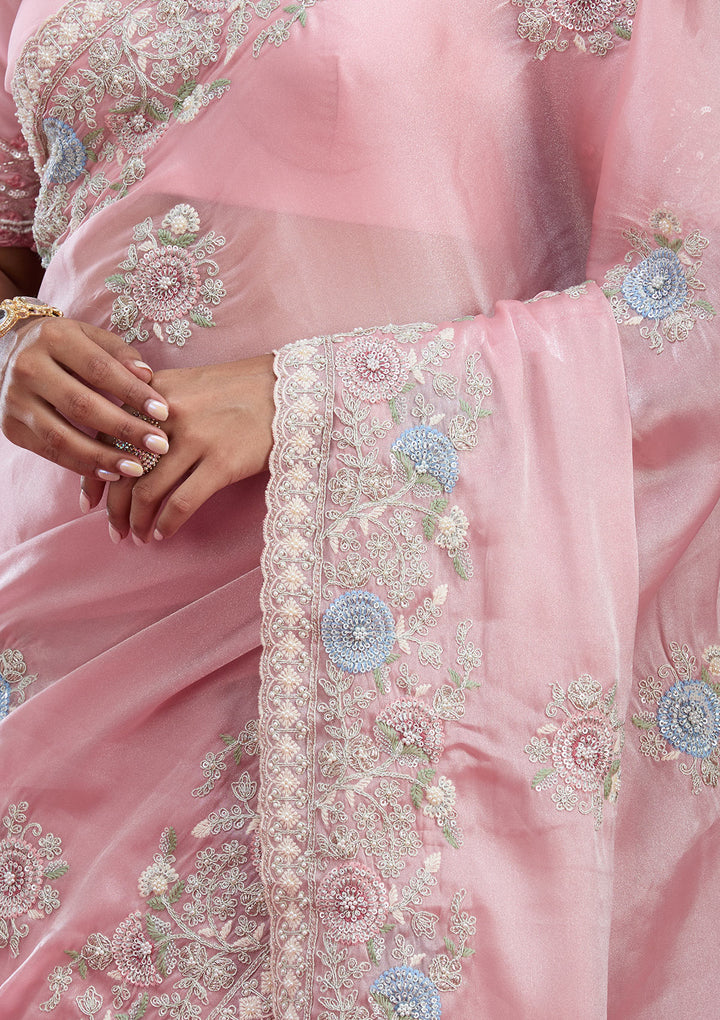 Baby Pink Organza Silver Zariwork Saree With Matching Blouse Piece