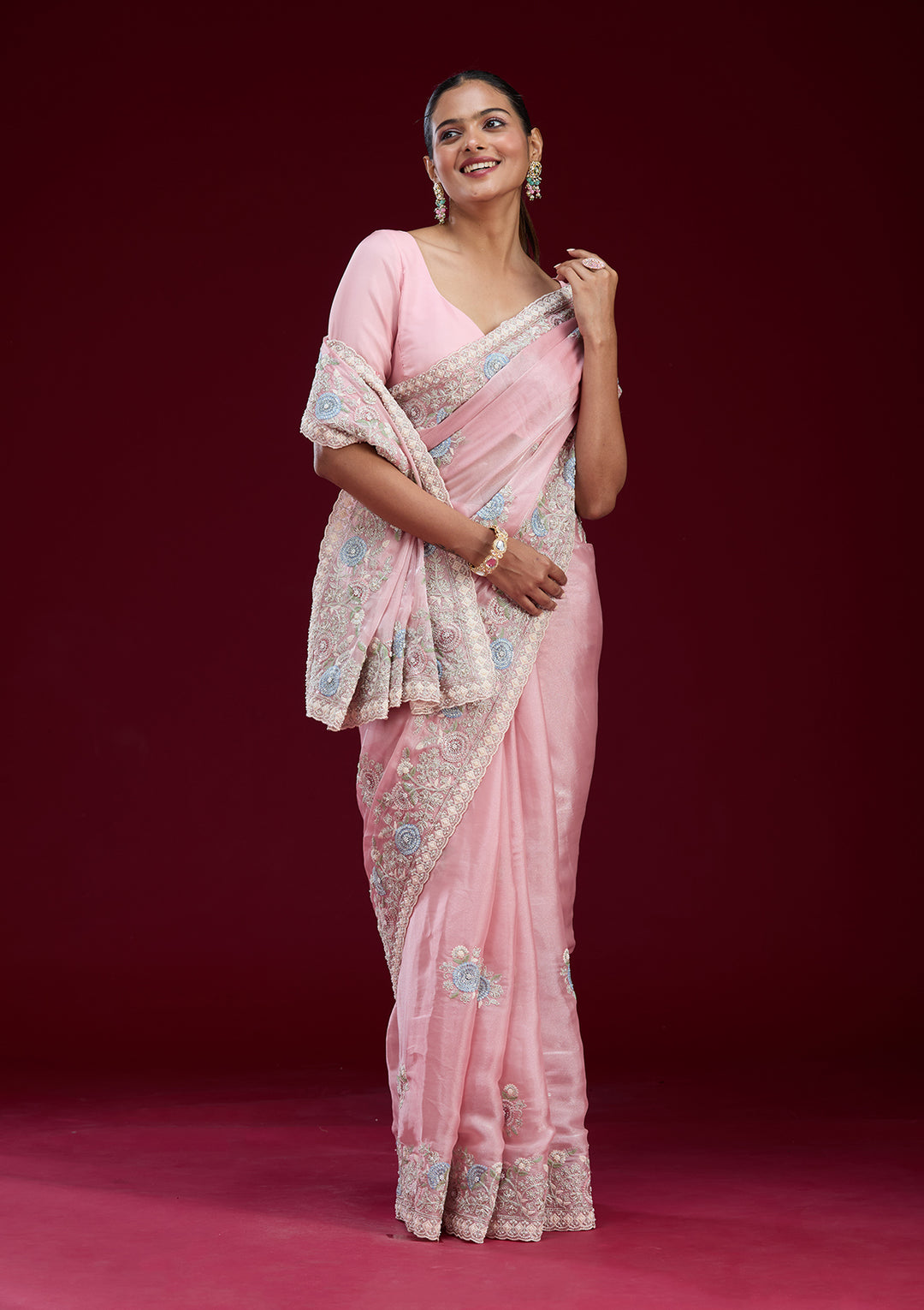 Baby Pink Organza Silver Zariwork Saree With Matching Blouse Piece