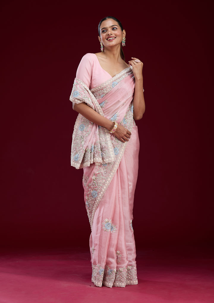 Baby Pink Organza Silver Zariwork Saree With Matching Blouse Piece