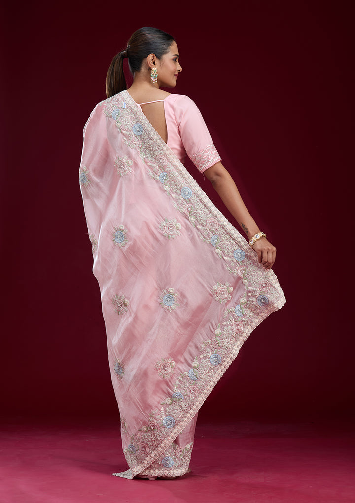Baby Pink Organza Silver Zariwork Saree With Matching Blouse Piece