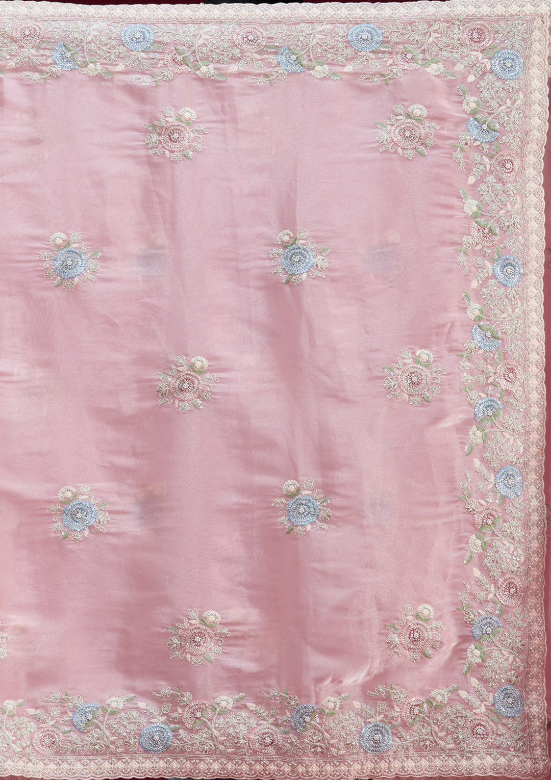 Baby Pink Organza Silver Zariwork Saree With Matching Blouse Piece
