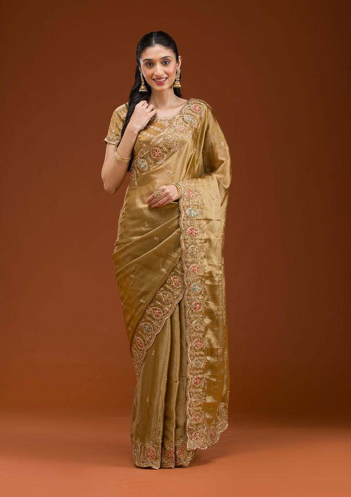 Gold Tissue Gold Zariwork Saree With Matching Blouse Piece