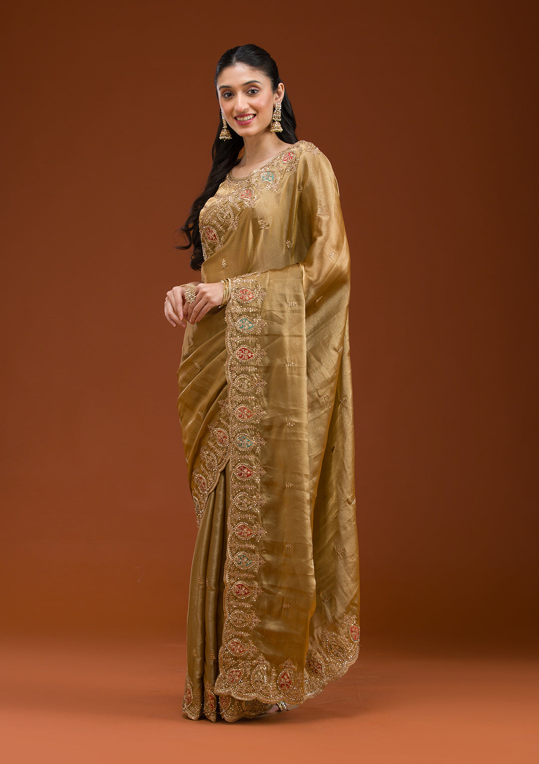 Gold Tissue Gold Zariwork Saree With Matching Blouse Piece