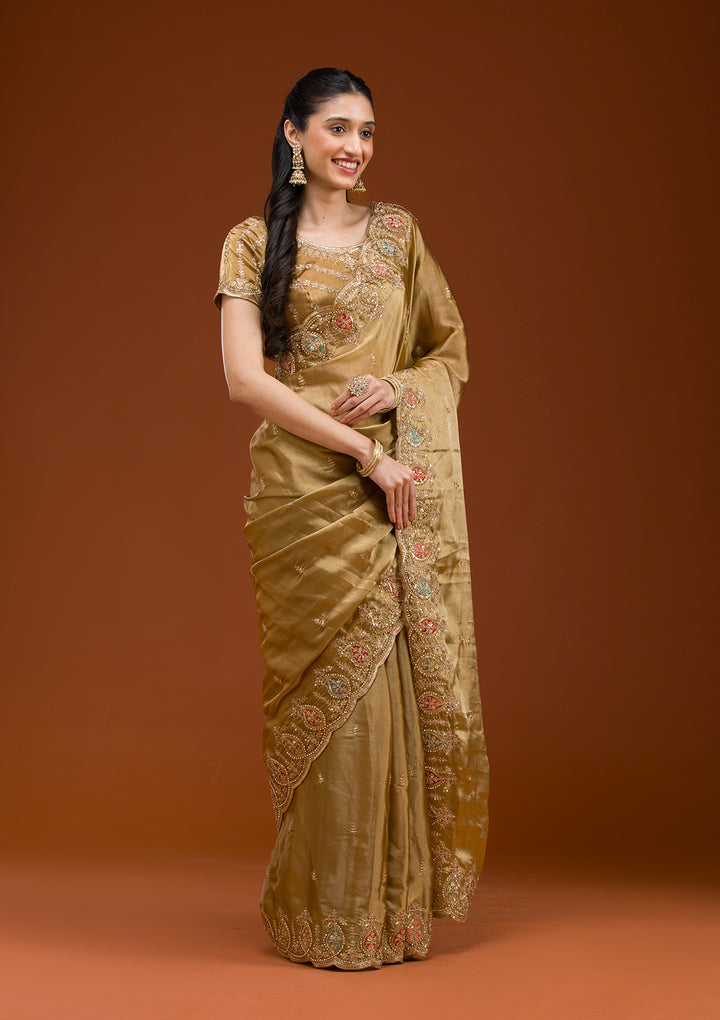 Gold Tissue Gold Zariwork Saree With Matching Blouse Piece