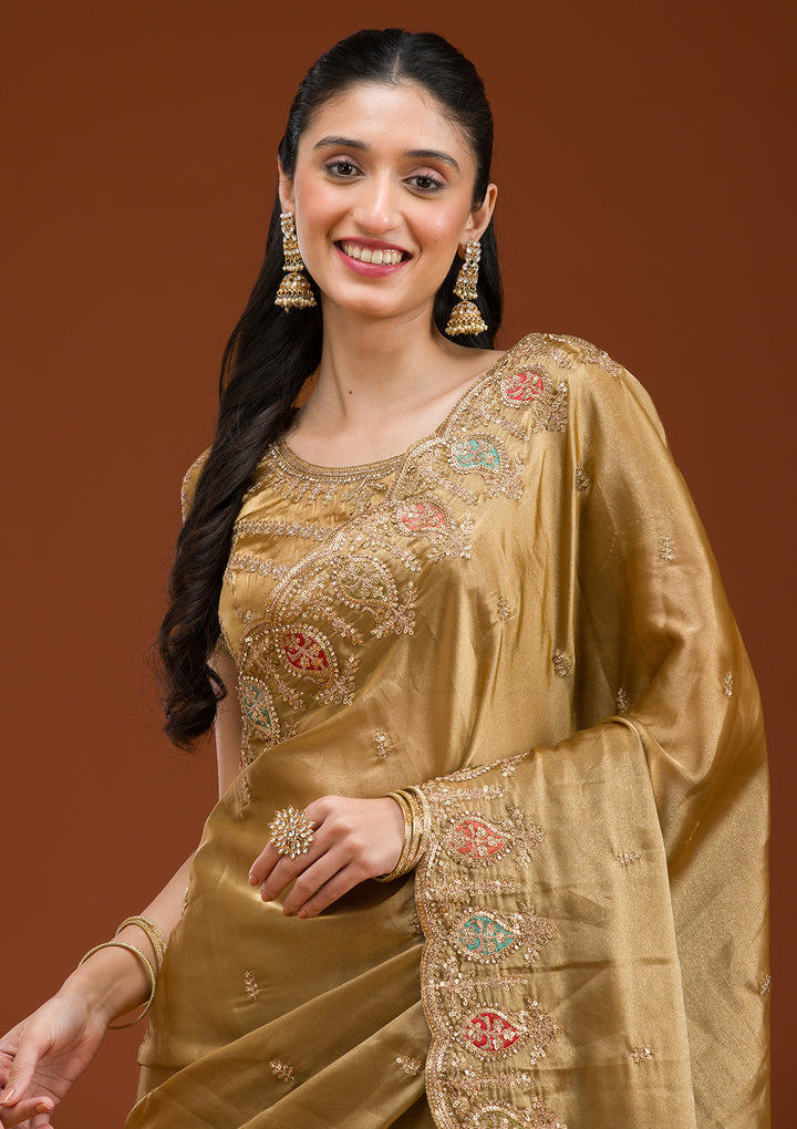Gold Tissue Gold Zariwork Saree With Matching Blouse Piece