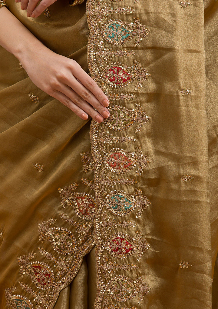 Gold Tissue Gold Zariwork Saree With Matching Blouse Piece
