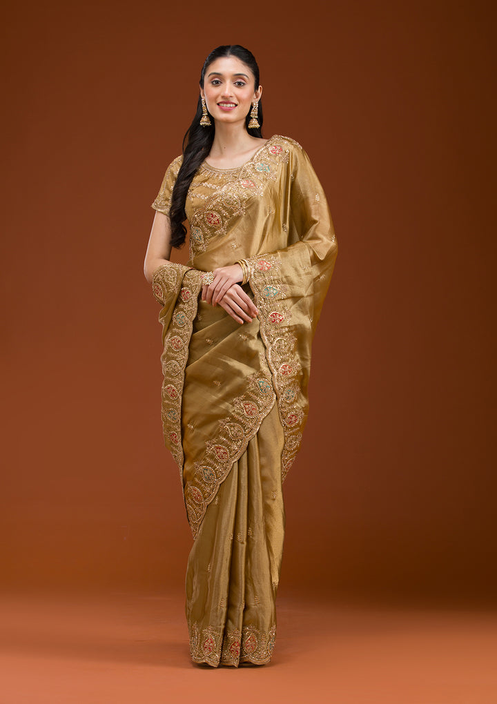 Gold Tissue Gold Zariwork Saree With Matching Blouse Piece