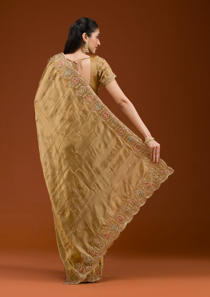 Gold Tissue Gold Zariwork Saree With Matching Blouse Piece