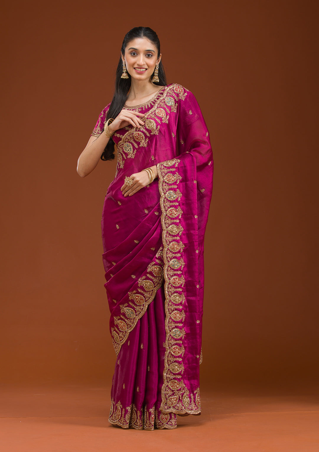 Wine Tissue Gold Zariwork Saree With Matching Blouse Piece