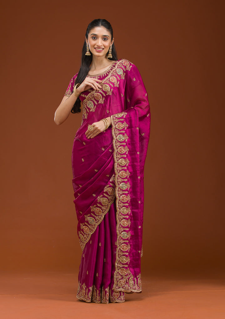 Wine Tissue Gold Zariwork Saree With Matching Blouse Piece