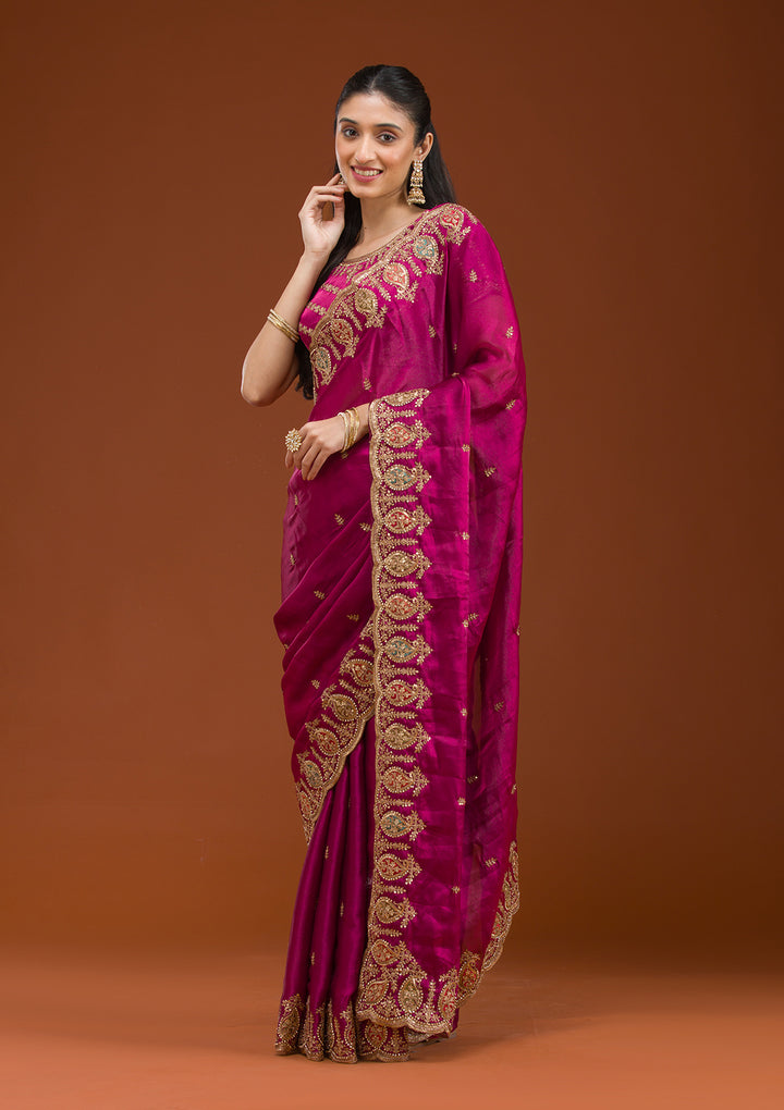 Wine Tissue Gold Zariwork Saree With Matching Blouse Piece
