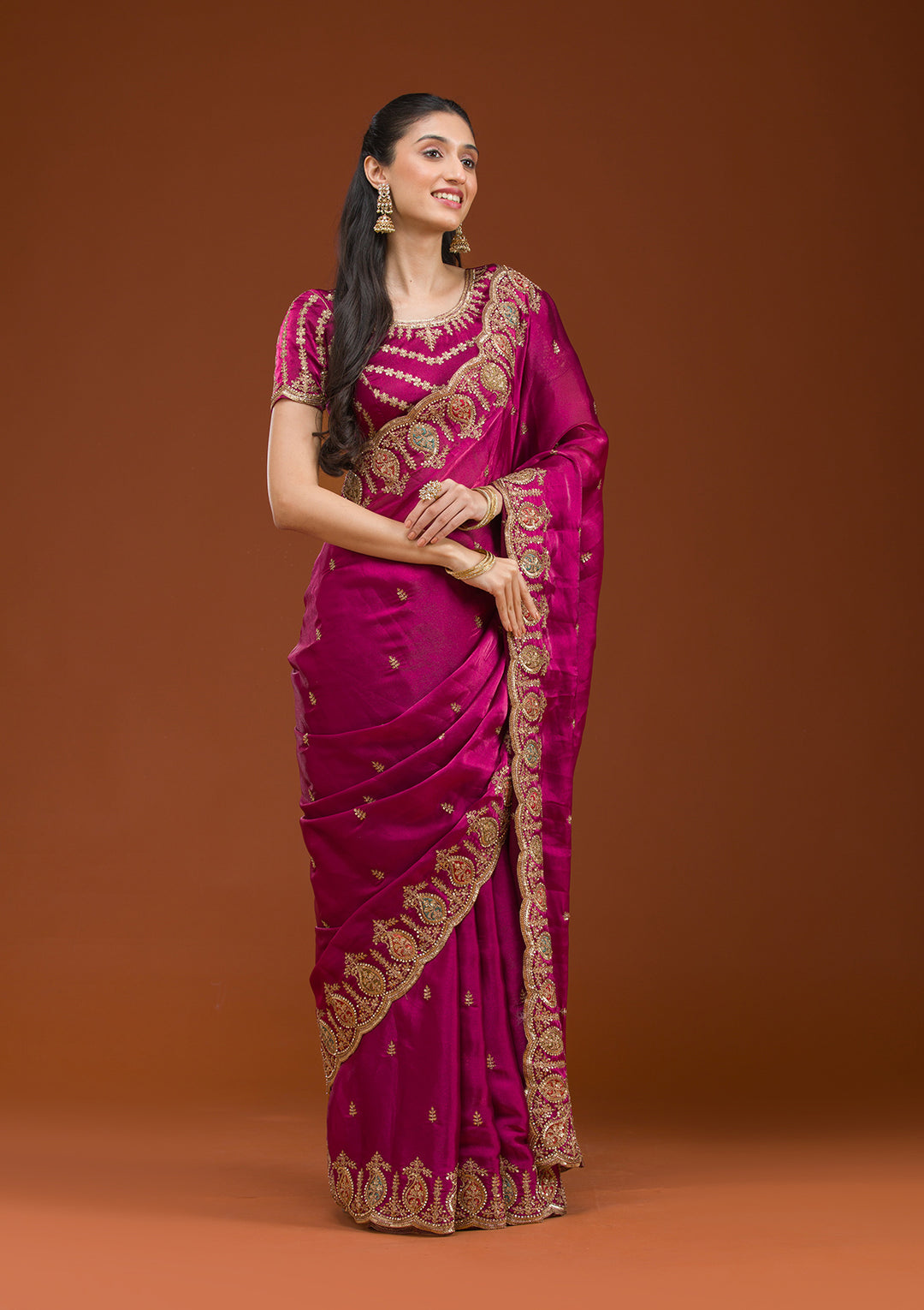 Wine Tissue Gold Zariwork Saree With Matching Blouse Piece