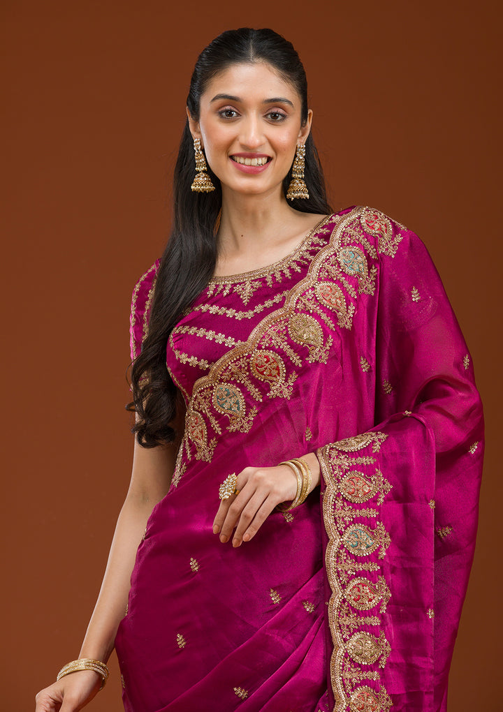 Wine Tissue Gold Zariwork Saree With Matching Blouse Piece
