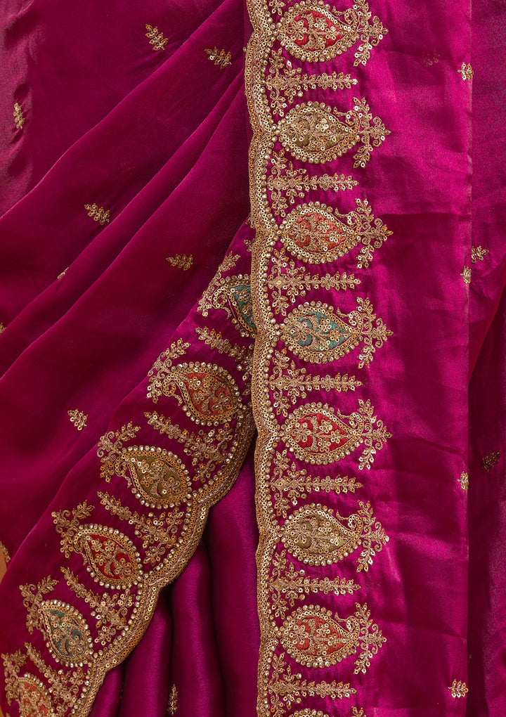 Wine Tissue Gold Zariwork Saree With Matching Blouse Piece