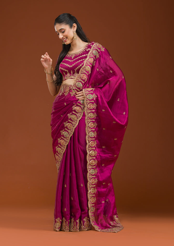 Wine Tissue Gold Zariwork Saree With Matching Blouse Piece