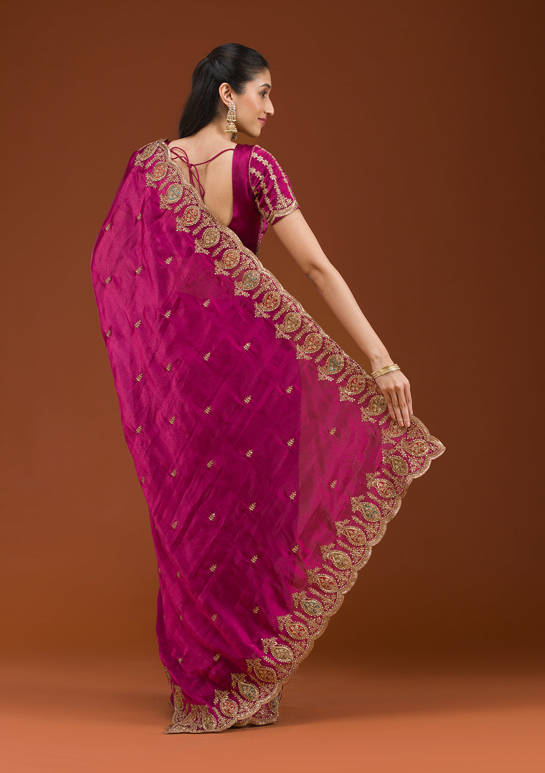 Wine Tissue Gold Zariwork Saree With Matching Blouse Piece