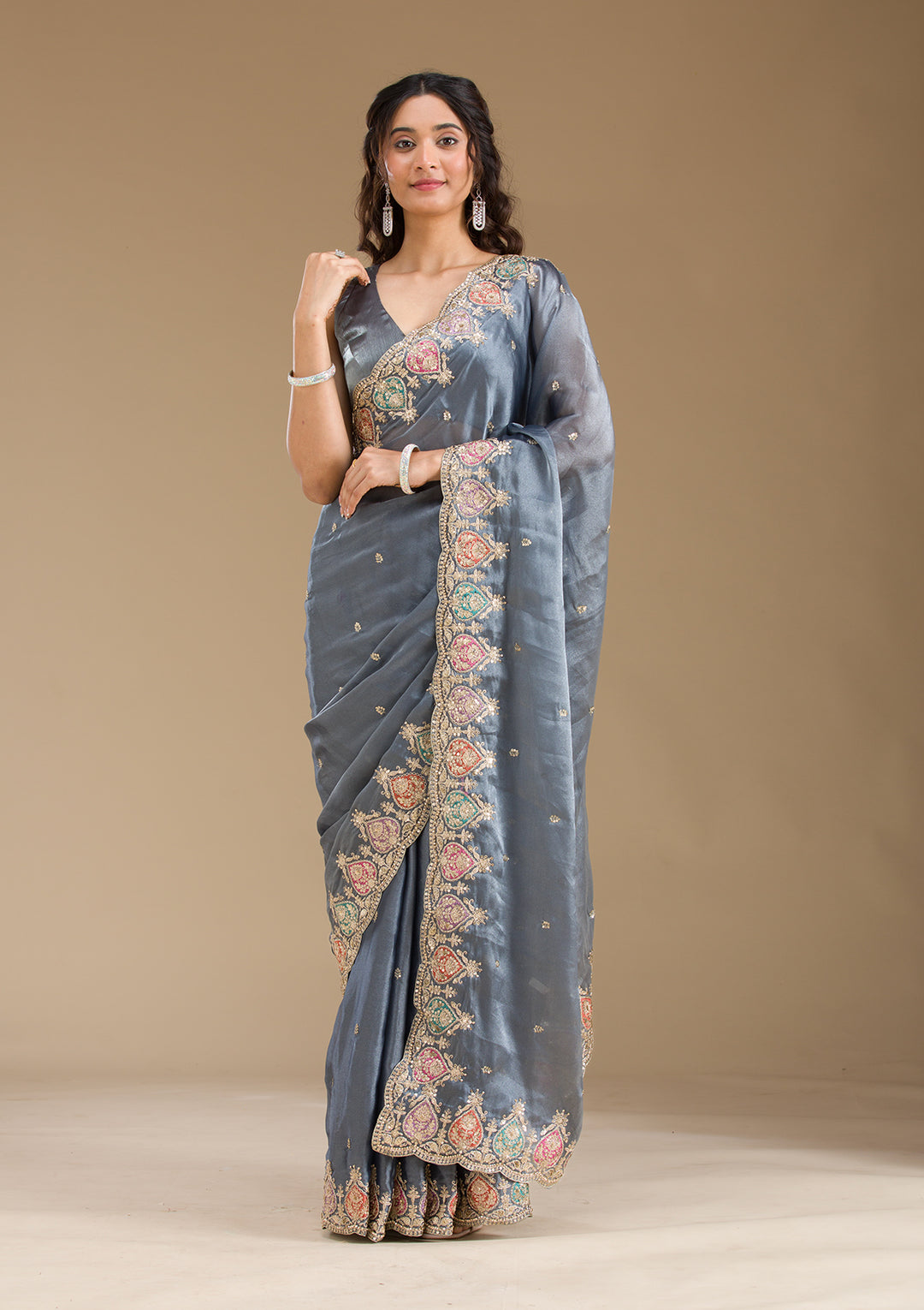 Grey Tissue Gold Zariwork Saree With Matching Blouse Piece