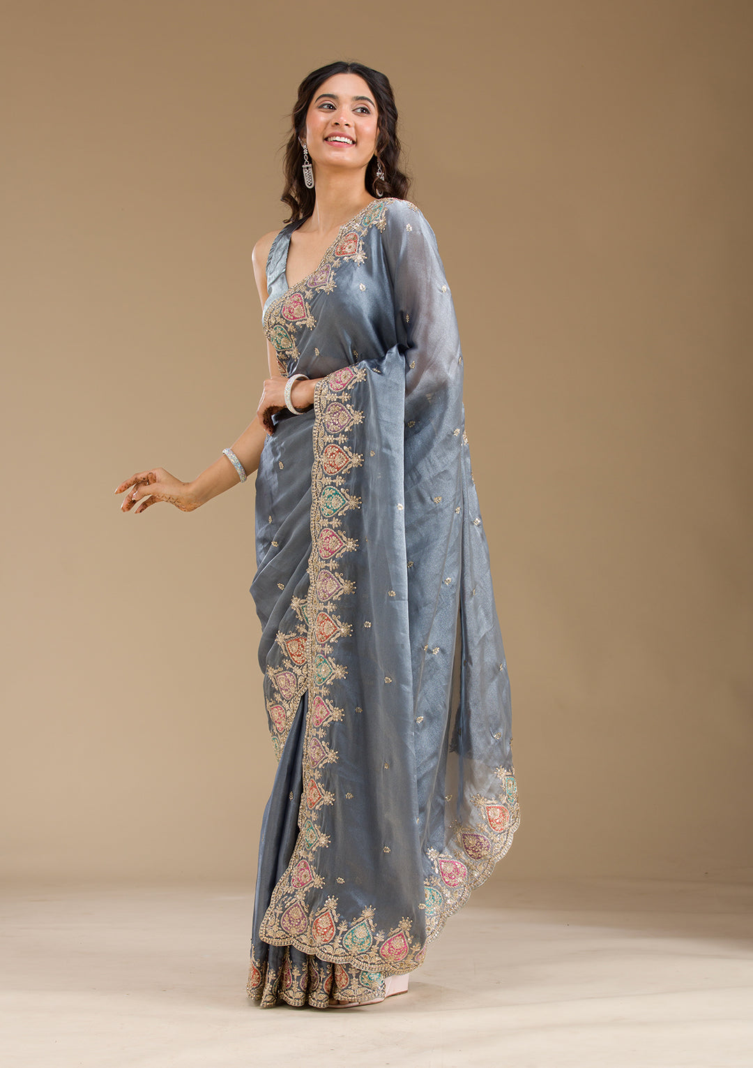 Grey Tissue Gold Zariwork Saree With Matching Blouse Piece