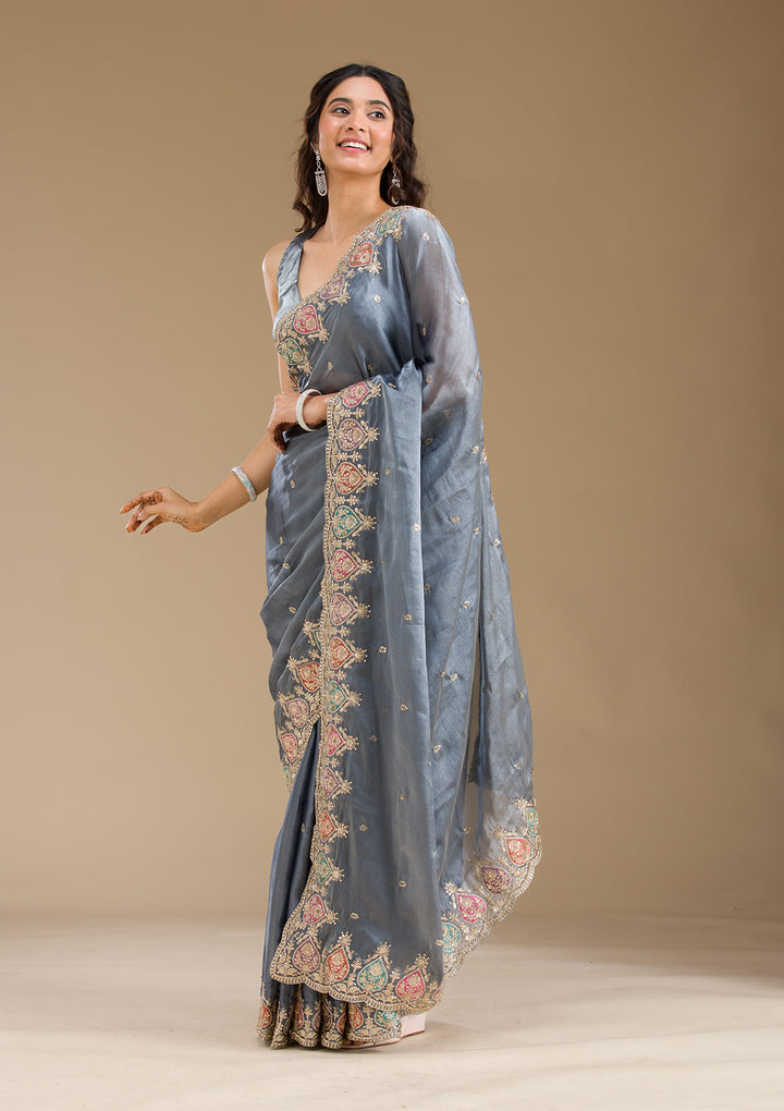 Grey Tissue Gold Zariwork Saree With Matching Blouse Piece