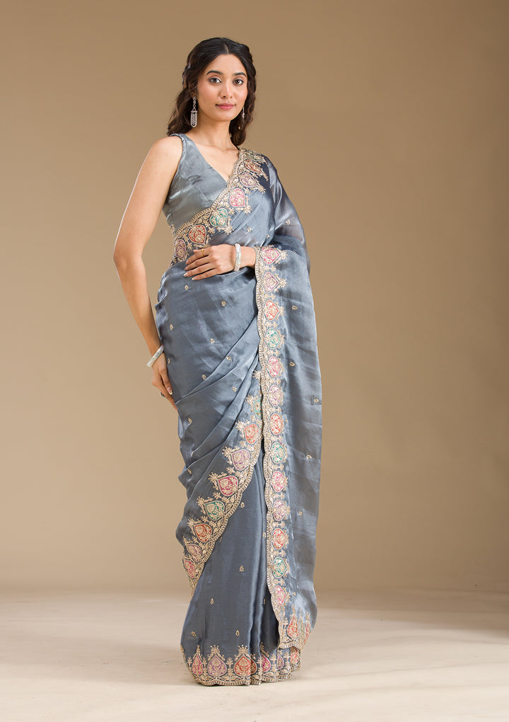Grey Tissue Gold Zariwork Saree With Matching Blouse Piece